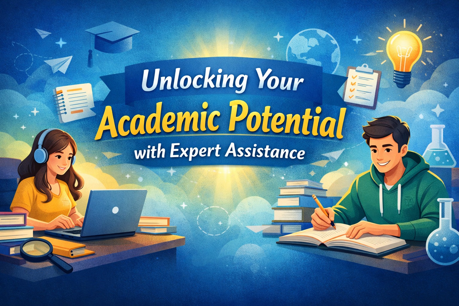 Illustration of students studying, representing academic assistance services